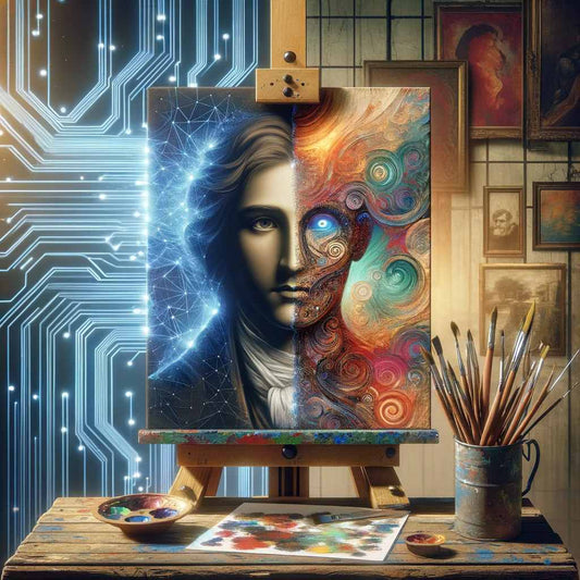 Digital art piece on an easel blending a classical portrait with futuristic elements, juxtaposing one side of a Mona Lisa-esque figure with a cosmic, star-filled silhouette and a colorful, abstract pattern.
