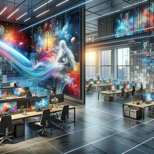 Modern office space enhanced by vibrant digital art, featuring dynamic, colorful abstract artworks on walls, interactive installations, and sleek contemporary furnishings, creating an inspiring, tech-forward, and artistically rich workspace environment