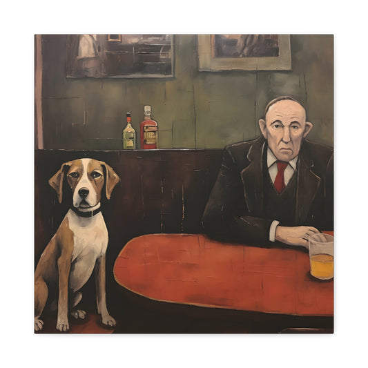 A canvas of a man and a dog at a bar by Printify's John Carr. Companionable Silence. Exclusive Canvas Print.