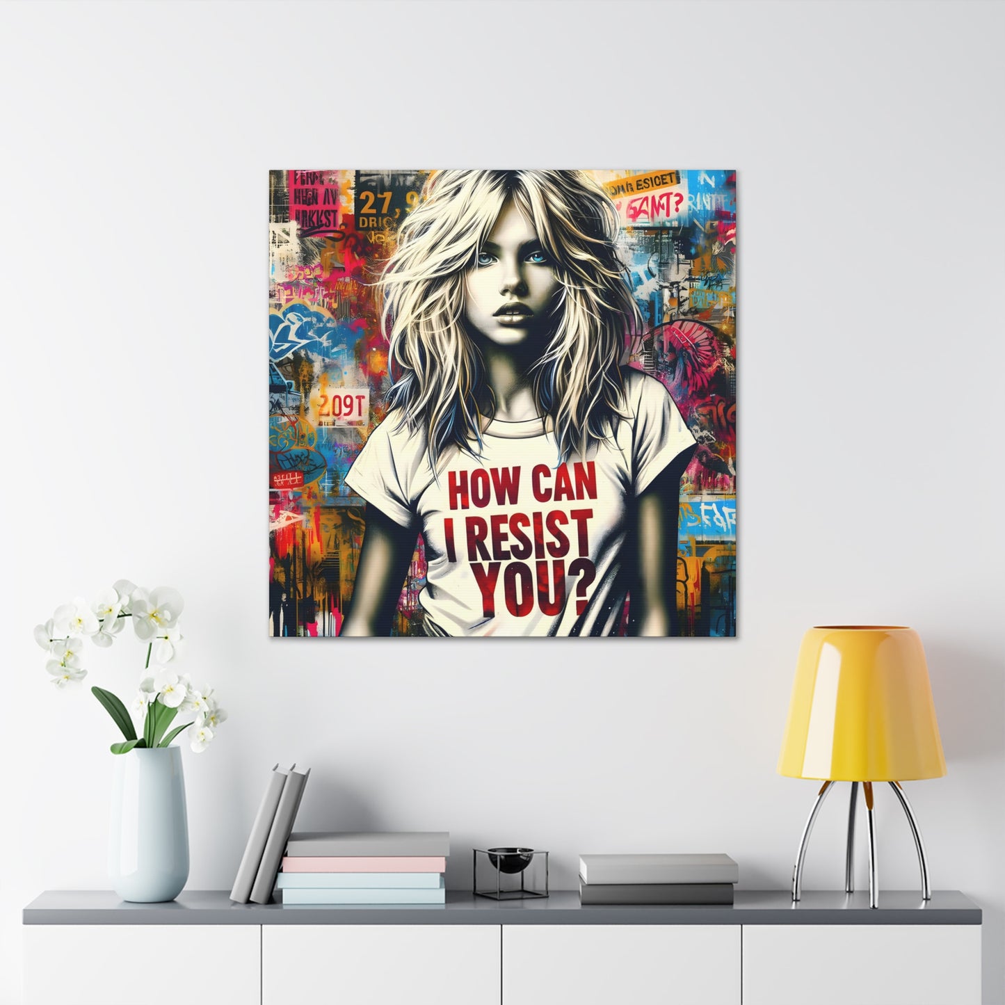 in situ desk and lamp AI-generated art, 'Resist You? – An ABBA Echo,' with a modern Aphrodite in urban setting, her shirt reading 'HOW CAN I RESIST YOU?' amidst colorful graffiti, echoing ABBA's themes.