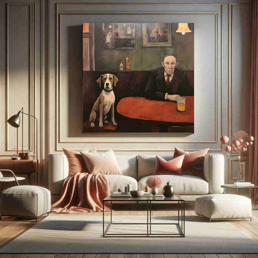 A John Carr Companionable Silence Exclusive Canvas Print of a man and his dog in a living room by Printify.