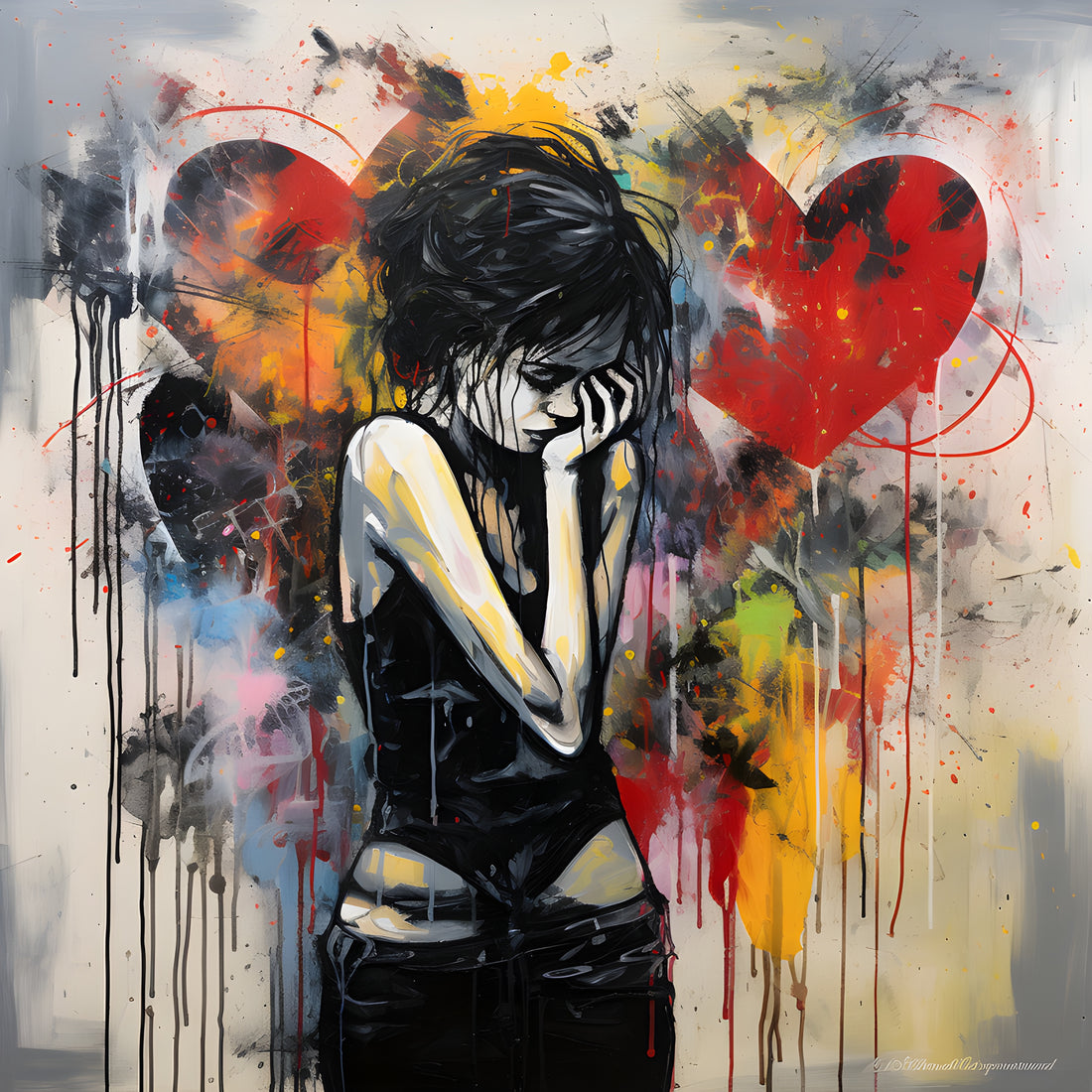 Emotive street art style painting depicting a figure in silhouette with a contemplative pose against a backdrop of vibrant, dripping splashes of paint and floating red balloons, conveying a powerful blend of melancholy and hope.