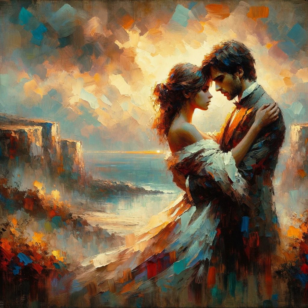 Impressionistic painting of a couple in a close embrace, with the woman in a flowing dress, set against a backdrop of a dramatic sunset over the sea, rendered in warm, bold brushstrokes.