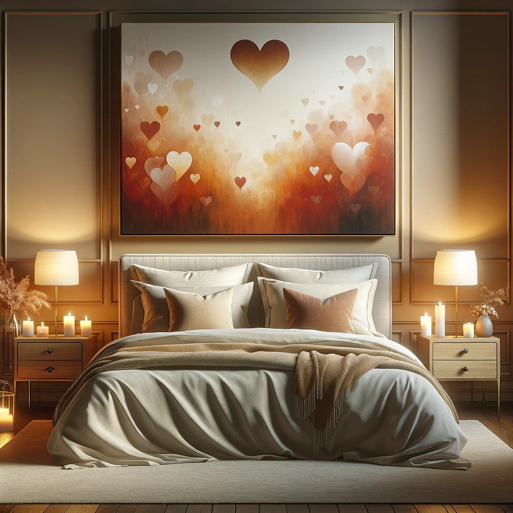Serene and romantic bedroom setting with a large abstract canvas featuring soft, warm colors and heart motifs above a neatly made bed, flanked by glowing table lamps on nightstands.