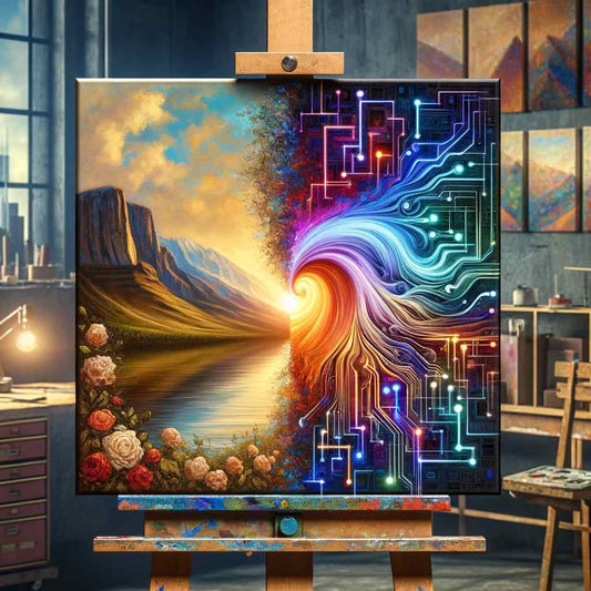 Abstract digital painting on canvas depicting a fusion of traditional pastoral scenes and modern AI technology, with vibrant neon circuitry blending into a serene landscape