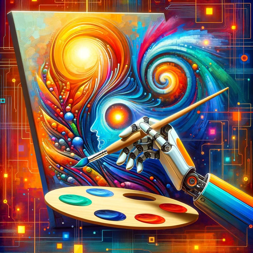 Futuristic artwork depicting a robotic arm holding a paintbrush and palette, engaged in creating a vibrant, swirling abstract painting, symbolizing the fusion of technology and creativity."