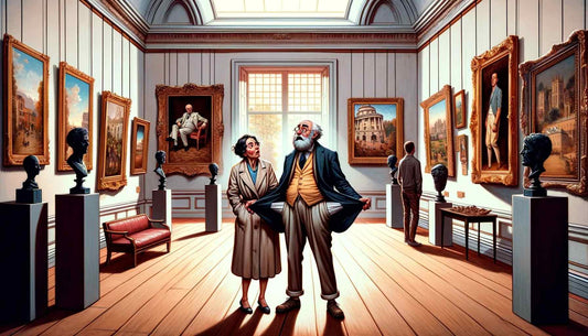 An animated couple in vintage attire standing in awe in a classical art gallery, surrounded by sculptures and paintings.