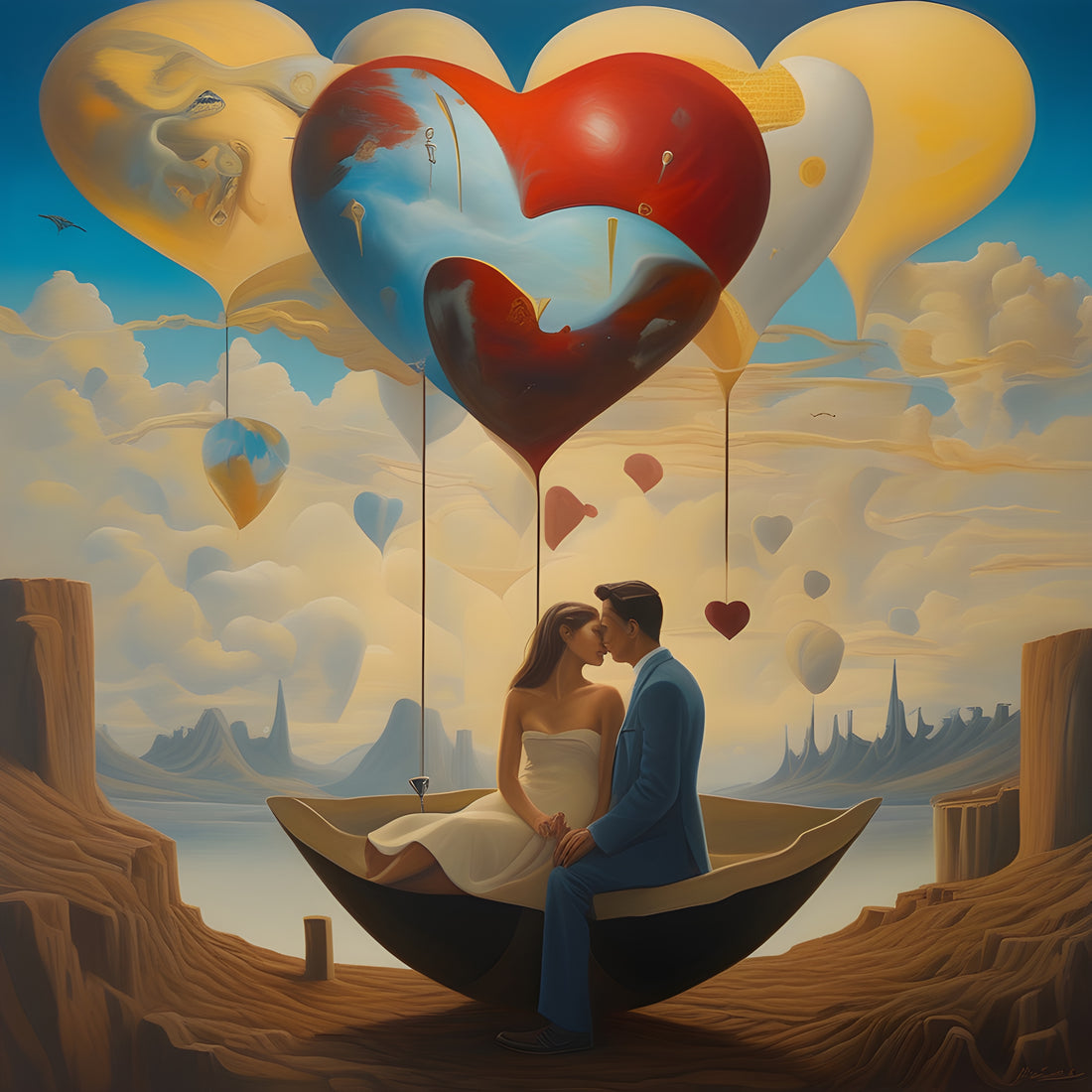 Surreal painting of a couple embracing in a kiss, seated in a half-shell boat floating under a sky filled with heart-shaped balloons, evoking a romantic and dreamlike atmosphere.