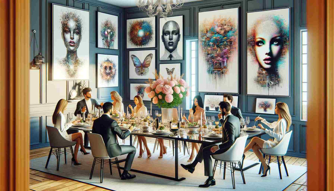 A sophisticated dining room filled with lively guests, illuminated by natural light, and decorated with a stunning gallery wall of eclectic portraits blending human and abstract elements, adding an air of contemporary elegance to the social gathering.