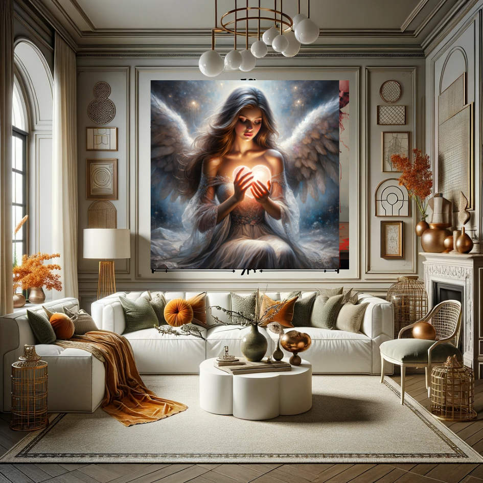 Sophisticated living room adorned with a striking painting of an angel cradling a glowing heart, her wings and hair flowing elegantly, set against a clouded sky backdrop, creating a focal point of mystique and warmth