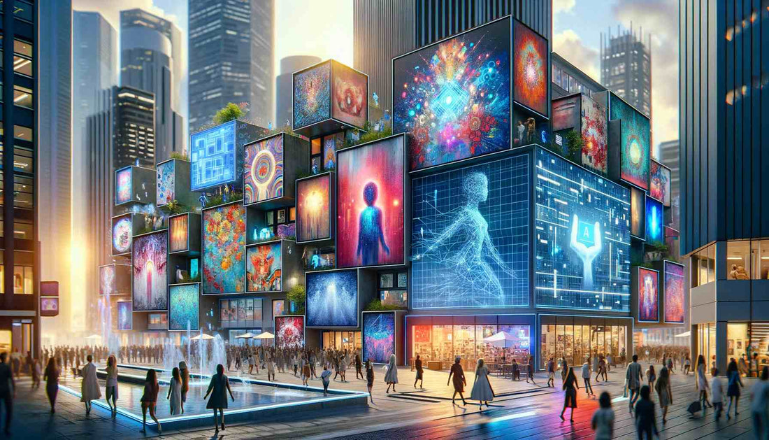 Futuristic urban square at dusk, alive with pedestrians and illuminated by a dazzling array of digital artworks on large screens, showcasing the vibrant intersection of technology and art in public spaces.