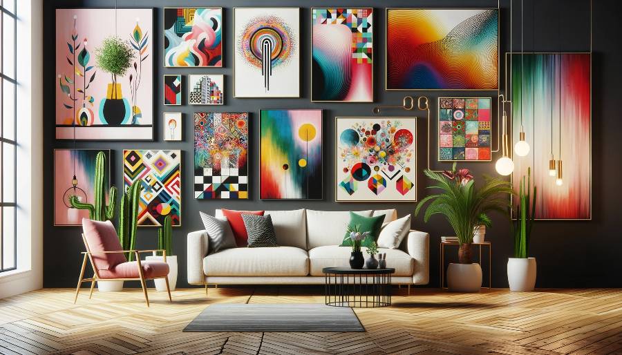 Contemporary living room with a vibrant gallery wall filled with a variety of colorful abstract art, paired with a chic white sofa and modern furniture, set against a backdrop of rich wooden floors and black walls,