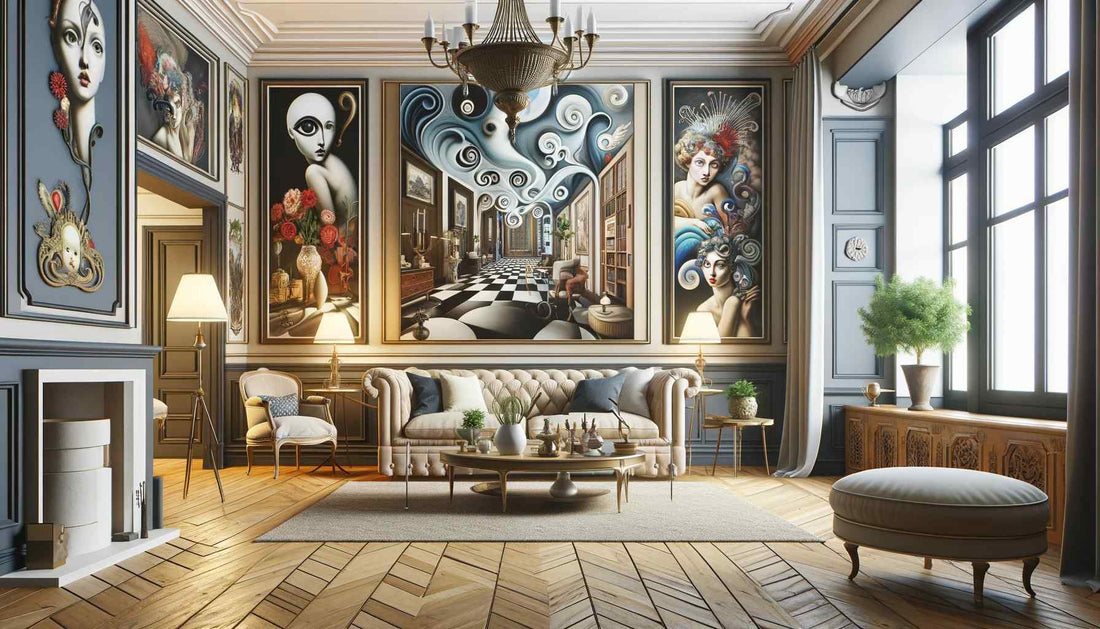 Classical living room with herringbone wood floors and elegant furniture, adorned with an array of surreal portraits and whimsical artwork, creating a gallery-like ambiance that blends traditional decor with modern artistic flair.