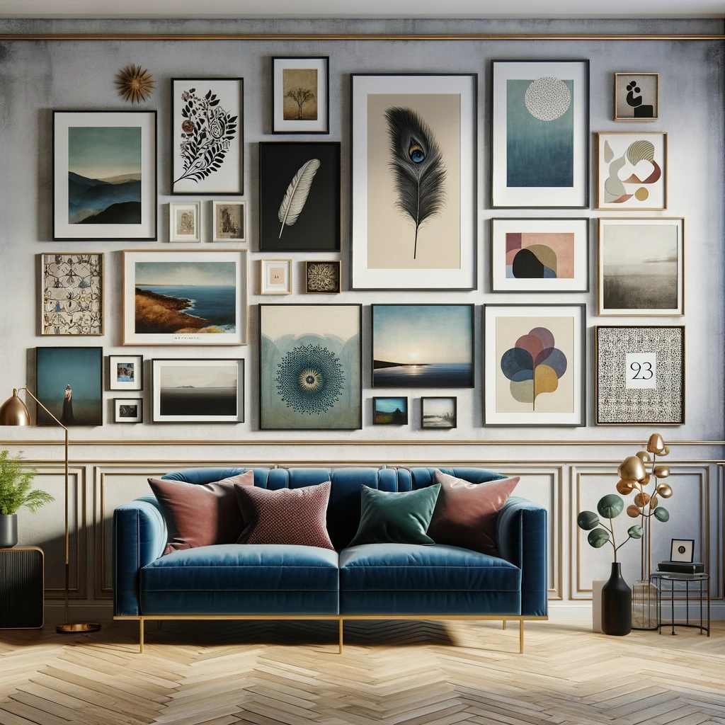 Elegant living space featuring a luxurious blue couch, complemented by a diverse collection of framed art pieces including landscapes, abstracts, and botanical prints on a panelled wall, accented with chic decor and ambient lighting.