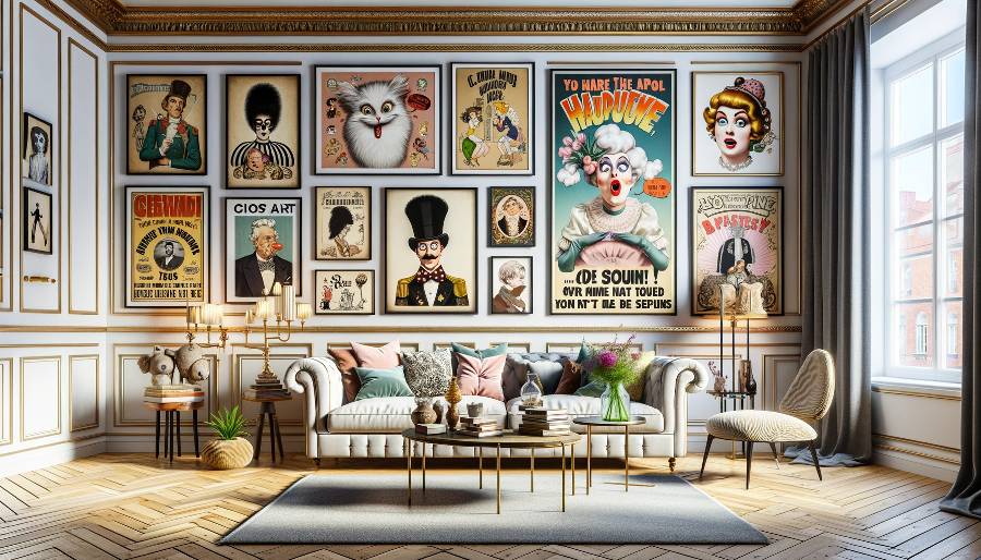 Quirky and eclectic living room with walls adorned with an assortment of whimsical vintage posters featuring caricatures, humorous sayings, and classic advertisements, all complementing a stylish, contemporary seating arrangement.