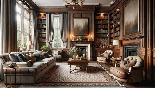 Traditional and elegant library room with rich wooden bookcases, comfortable leather armchairs, and a cozy fireplace, offering a sophisticated and inviting space for relaxation and reading.