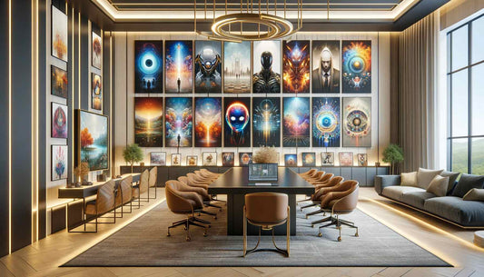 Modern conference room featuring a gallery wall of diverse abstract and sci-fi themed artwork, with a large central table, comfortable chairs, and a cozy lounge area in a well-lit, spacious interior.