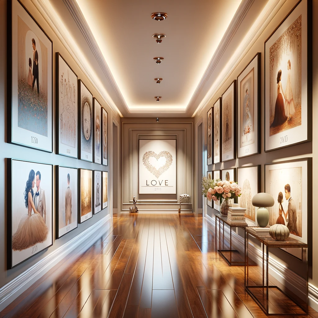 Elegant hallway adorned with a series of romantic-themed portraits lining the walls, leading towards a focal point with a decorative 'LOVE' sign surrounded by a heart-shaped motif and a cozy sitting area."