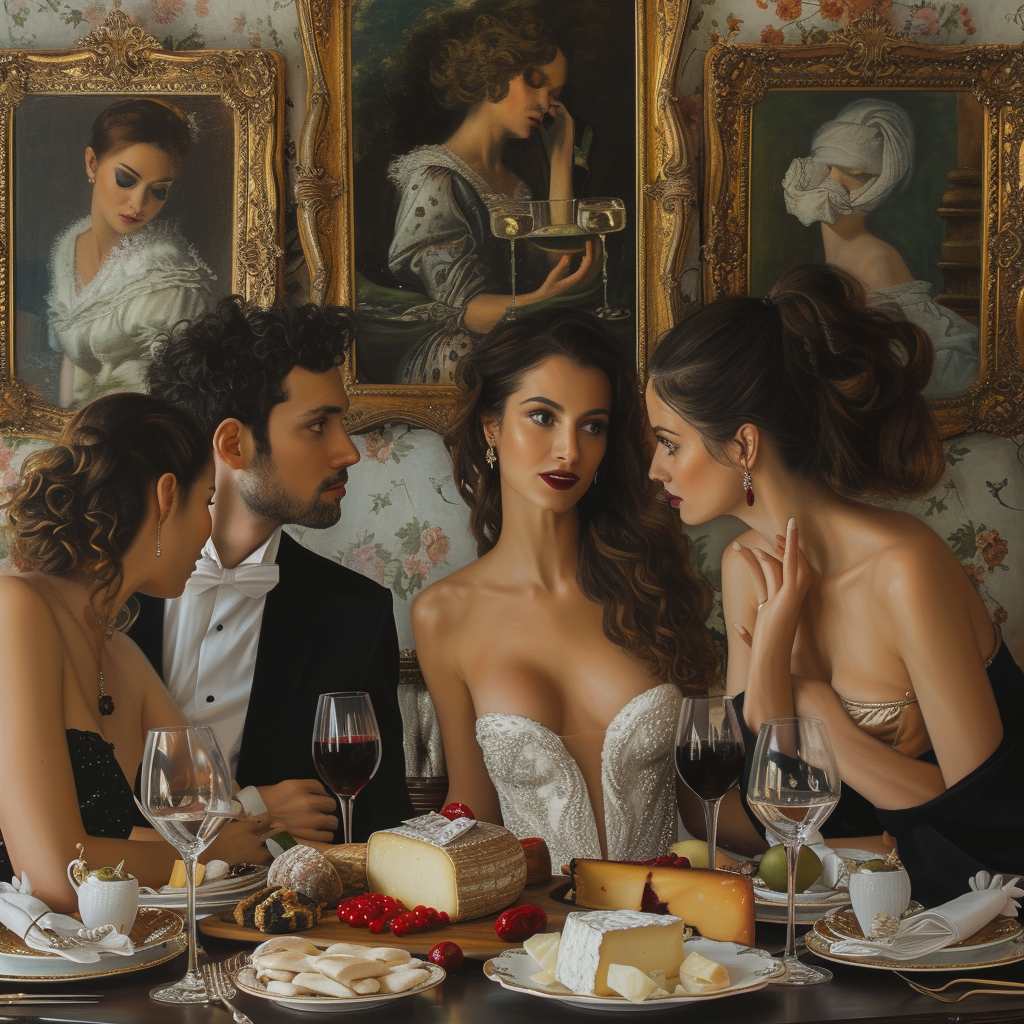 Elegant dinner scene with two women in glamorous attire whispering secrets, a man in a tuxedo looking on, all surrounded by opulent golden frames and classic portraits, evoking a sense of timeless sophistication and intrigue.
