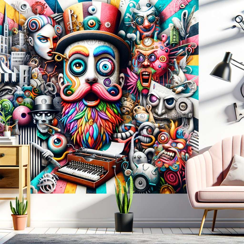 quirky wall art with fantastical faces in graffiti style 