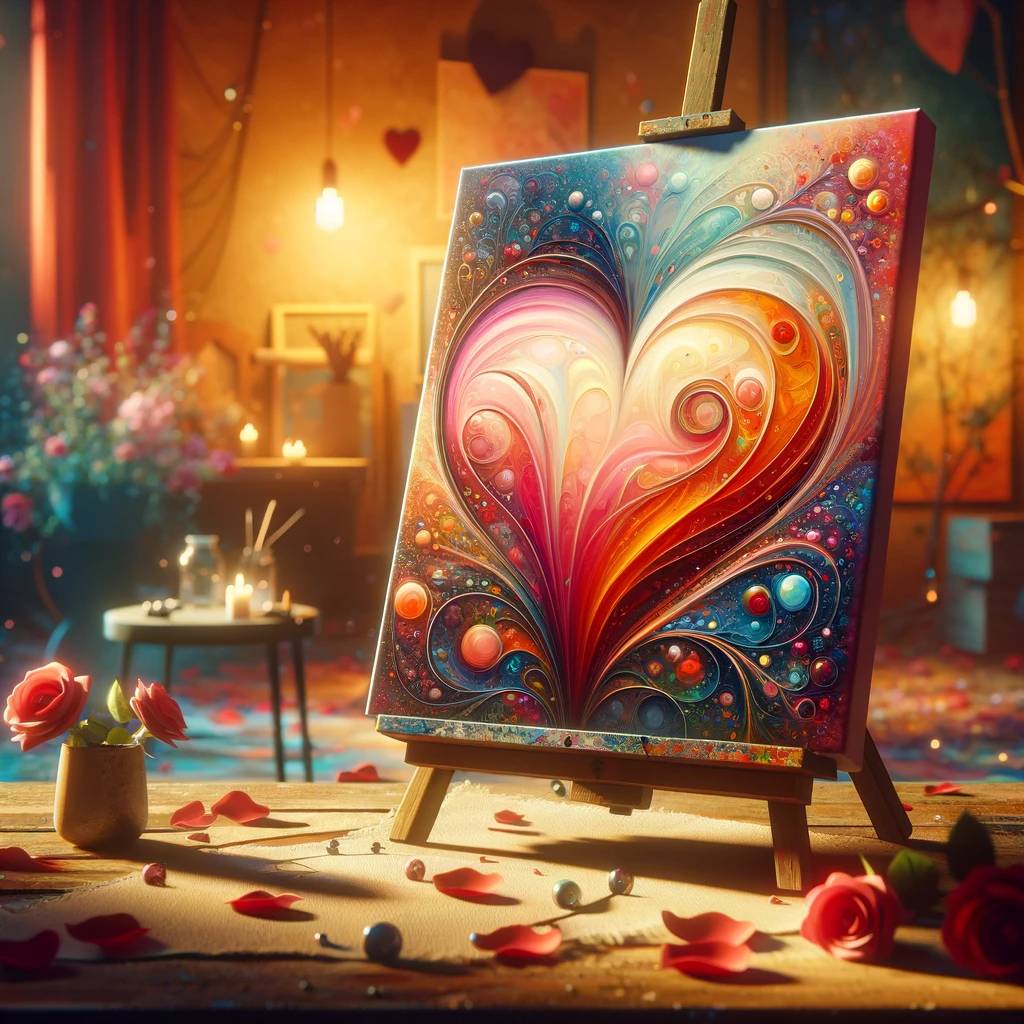 Romantic and whimsical painting on an easel featuring an ornate heart with vibrant swirls and patterns, set in a cozy artist's studio with rose petals scattered around, invoking a sense of love and creativity.
