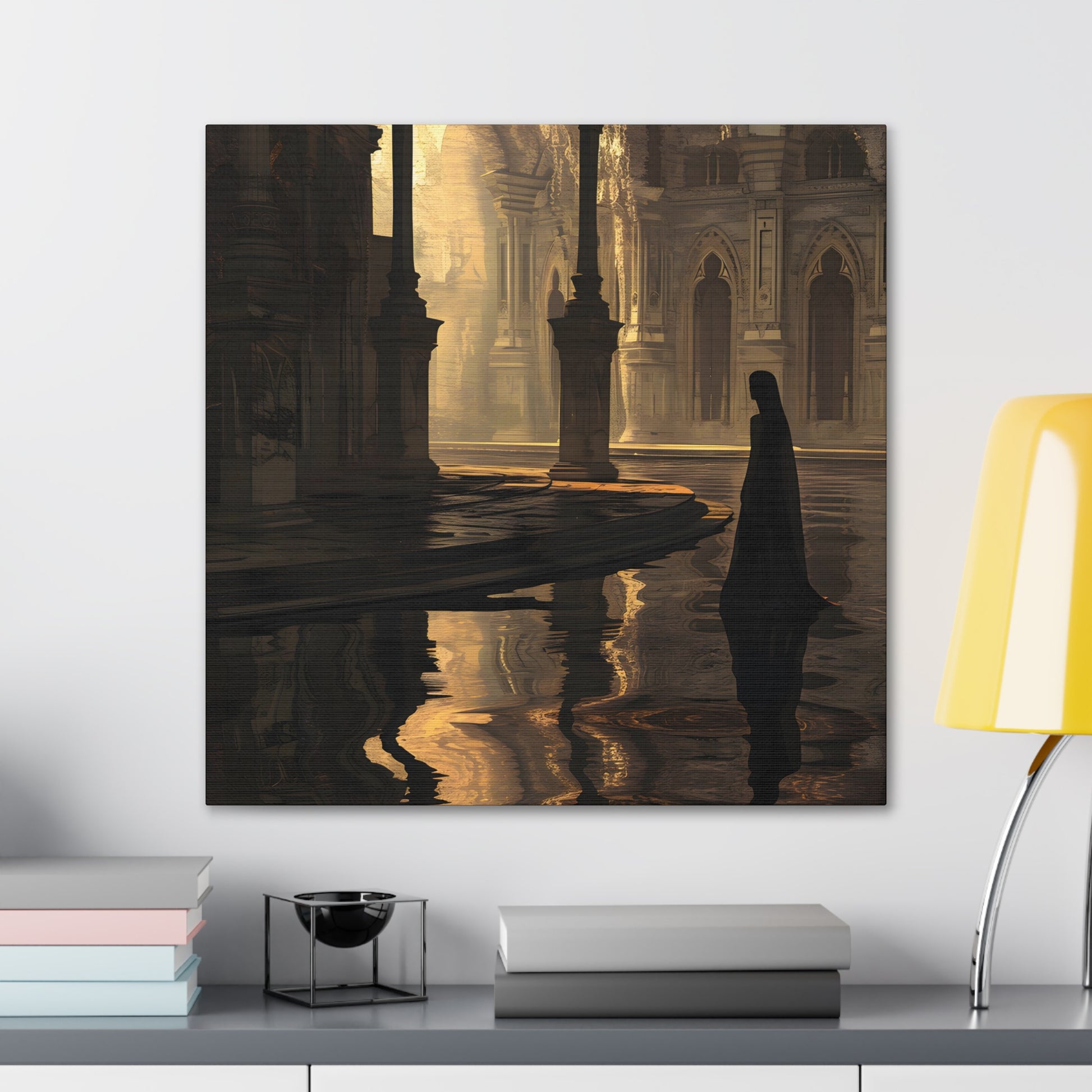 in situ desk Avery Pennington's artwork of a golden-lit, flooded cathedral with a solitary figure in black, blending Gothic architecture with reflections in water, evoking solitude and introspection