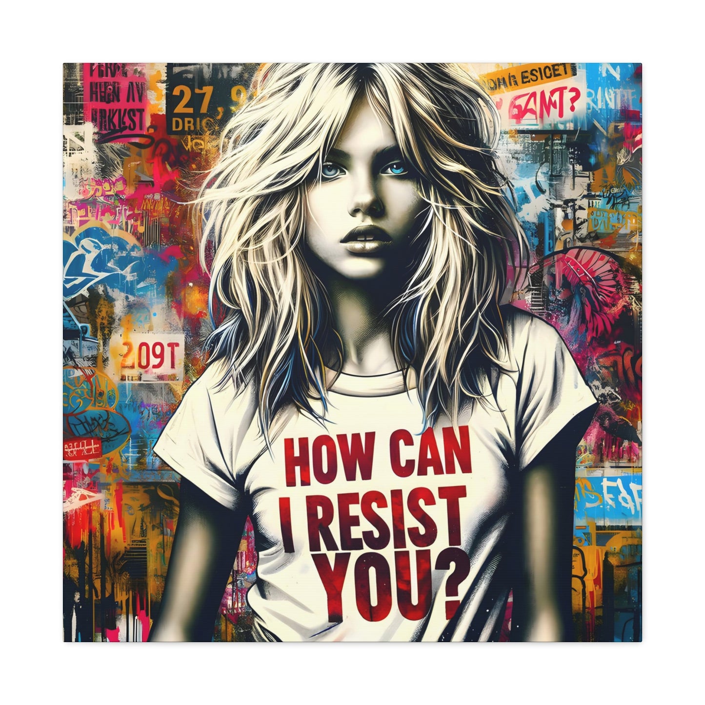 square canvas AI-generated art, 'Resist You? – An ABBA Echo,' with a modern Aphrodite in urban setting, her shirt reading 'HOW CAN I RESIST YOU?' amidst colorful graffiti, echoing ABBA's themes.