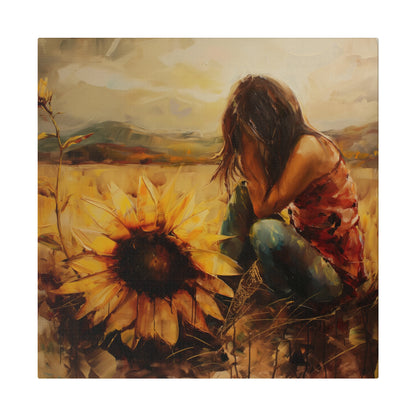 A painting of a woman sitting in a field of sunflowers, capturing the human experience through emotive art, called "Elena Duval: Solace in Solitude" by Printify.