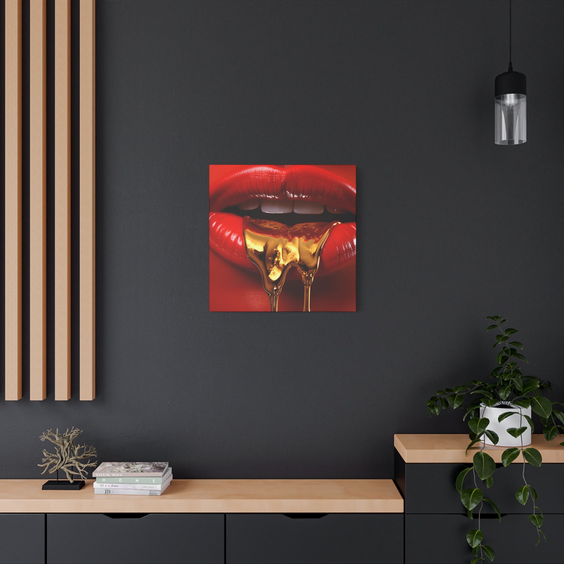 elegant in situ Golden Seduction by Cassian Marlowe, wall art depicting glossy red lips and molten gold, symbolizing allure and ambition in the theme of opulence