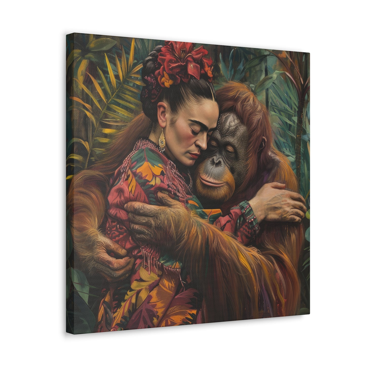 A Printify David Miller inspired artwork depicting a woman embracing an orangutan amidst a lush jungle backdrop.