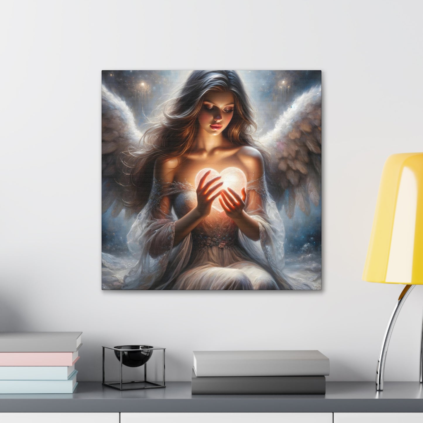 in situ with desk Celestial Embrace' canvas wall art by Aurora, featuring an angelic being cradling a glowing heart to symbolize the purity and passion of love. The artwork is rich in ethereal details and luminescent tones, creating a serene yet powerful ambiance, ideal for those who love heavenly-inspired decor with a romantic touch.