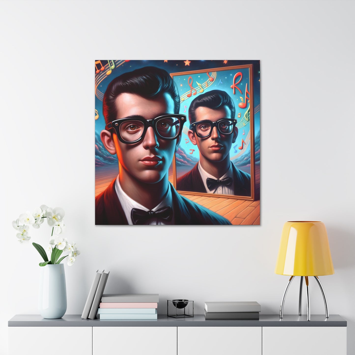 in situ with desk Vibrant retro-inspired artwork capturing the essence of the 1950s rock and roll era. Features a cool vintage figure with slick hair and thick-rimmed glasses, gazing into a mirror that reflects a dreamy, music-filled cosmos with musical notes and celestial bodies. Warm color palette with twilight blues, depicting an intimate yet imaginative scene reminiscent of vinyl and jukeboxes.