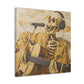 angled. depicting a skeleton singing into a microphone, embodying music's redemptive power, inspired by 'American Pie' lyrics, with golden tones symbolizing music's sanctity