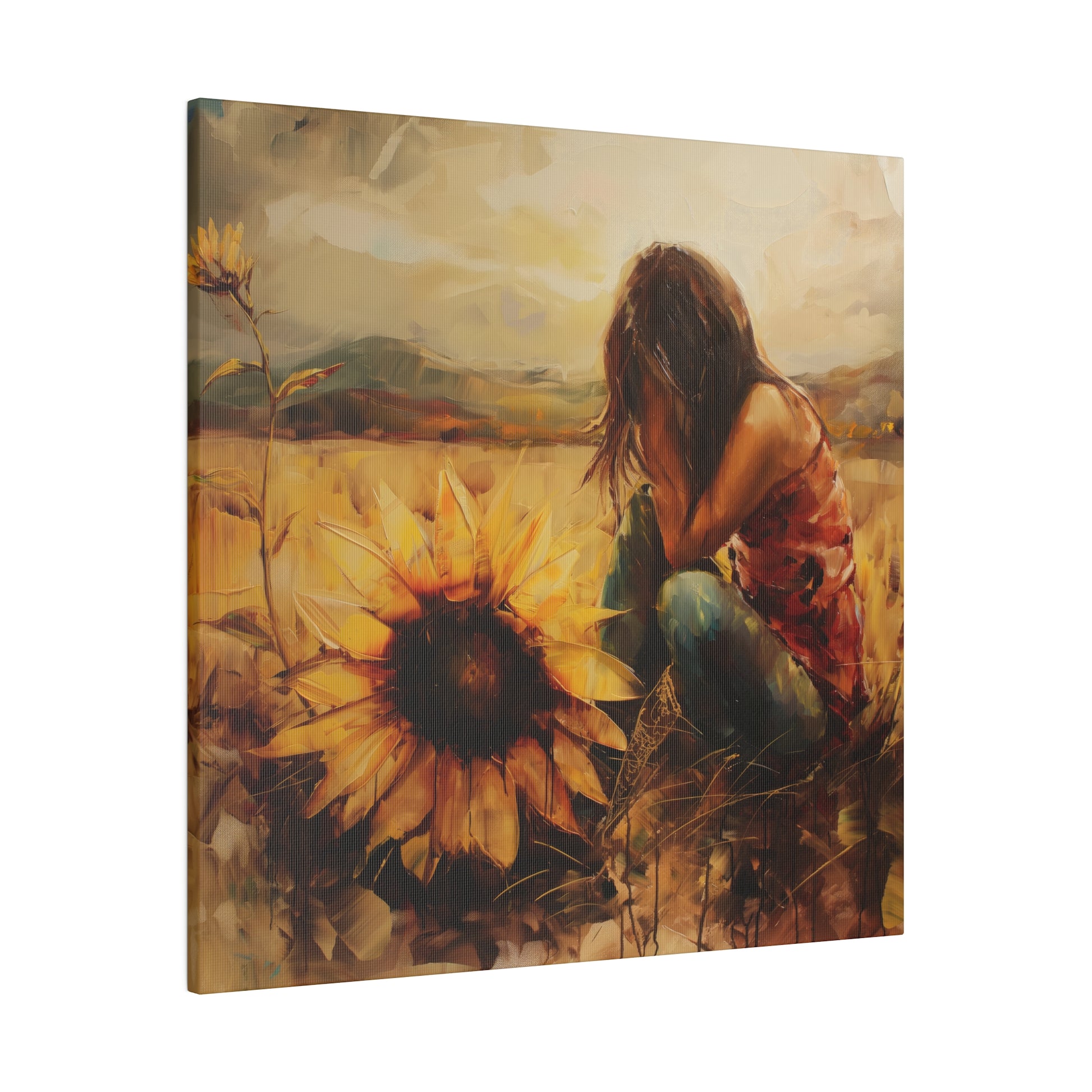 A Elena Duval: Solace in Solitude exclusive canvas print by Printify depicting a woman sitting in a field of sunflowers, capturing the emotive artistry of human experience.