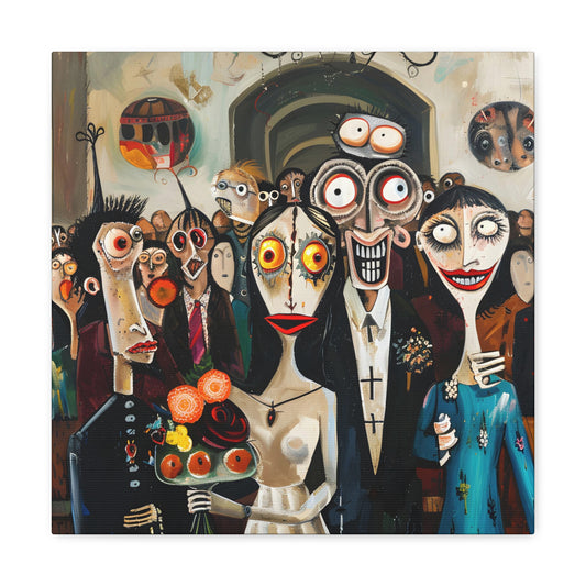 image 2 Whimsical wedding scene with caricatured bride and groom, surrounded by guests with exaggerated, comical expressions, set against a backdrop of abstract and surreal elements