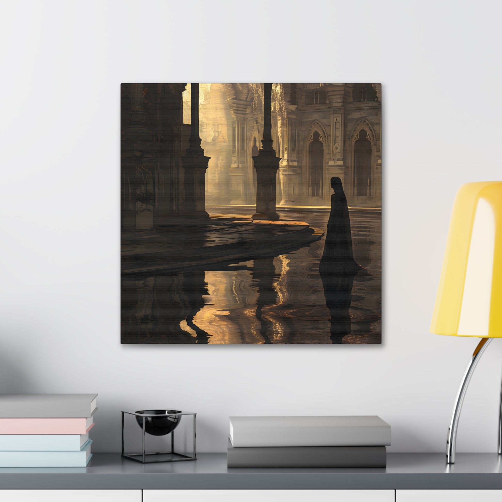 in situ 2 Avery Pennington's artwork of a golden-lit, flooded cathedral with a solitary figure in black, blending Gothic architecture with reflections in water, evoking solitude and introspection