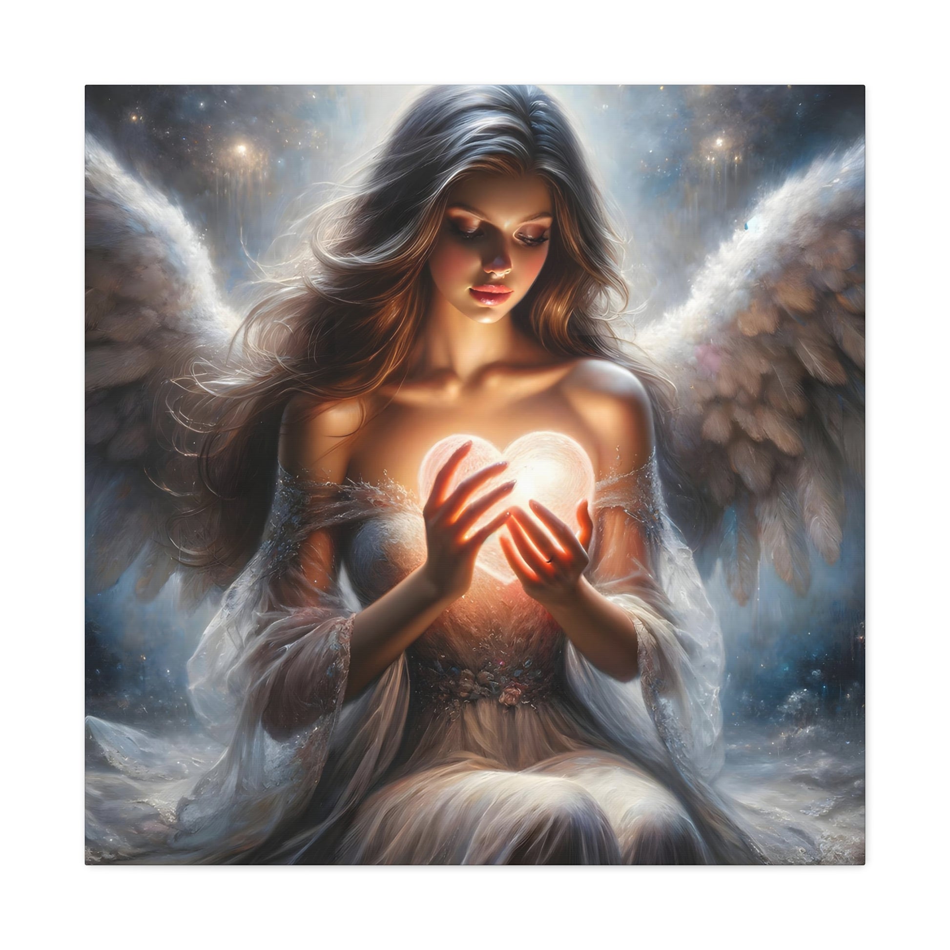 image 2 Celestial Embrace' canvas wall art by Aurora, featuring an angelic being cradling a glowing heart to symbolize the purity and passion of love. The artwork is rich in ethereal details and luminescent tones, creating a serene yet powerful ambiance, ideal for those who love heavenly-inspired decor with a romantic touch.