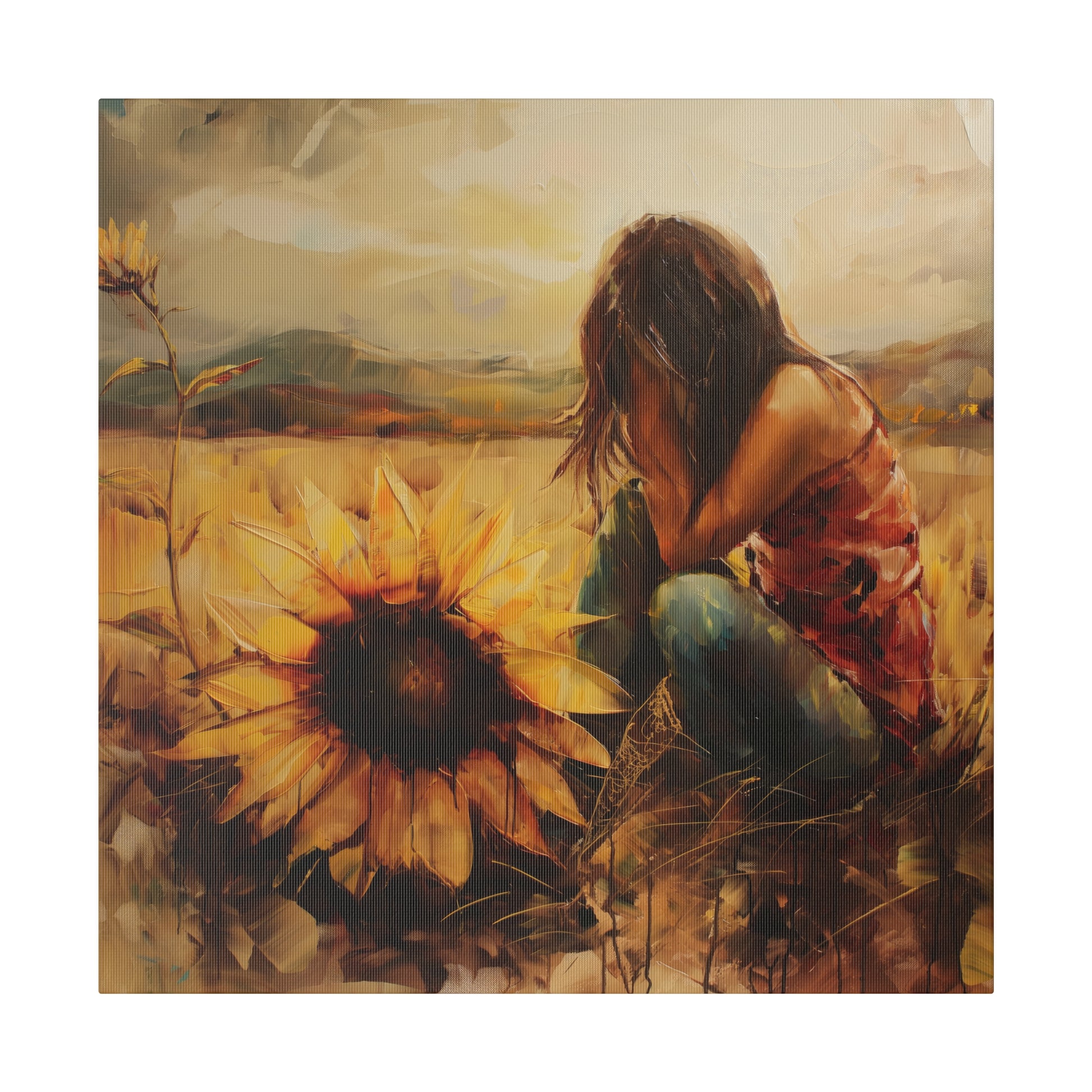 A woman crouches in a field, closely observing a sunflower, depicted in an impressionistic painting style that captures the emotive essence of human experience. 
Elena Duval: Solace in Solitude. Exclusive Canvas Print by Printify