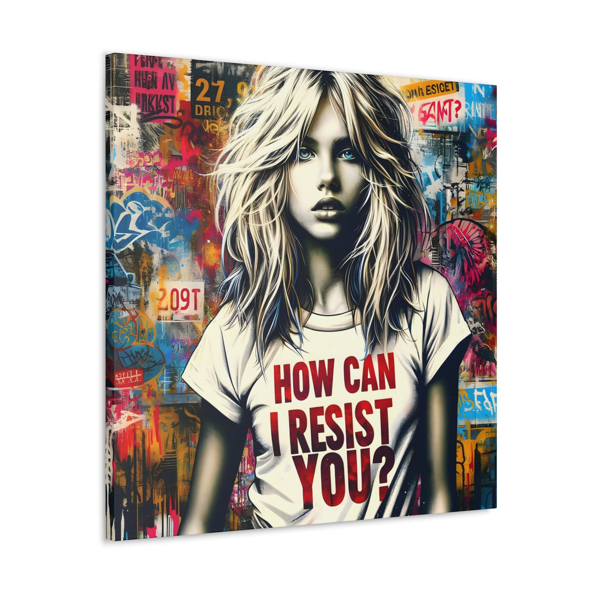 square and angled AI-generated art, 'Resist You? – An ABBA Echo,' with a modern Aphrodite in urban setting, her shirt reading 'HOW CAN I RESIST YOU?' amidst colorful graffiti, echoing ABBA's themes.