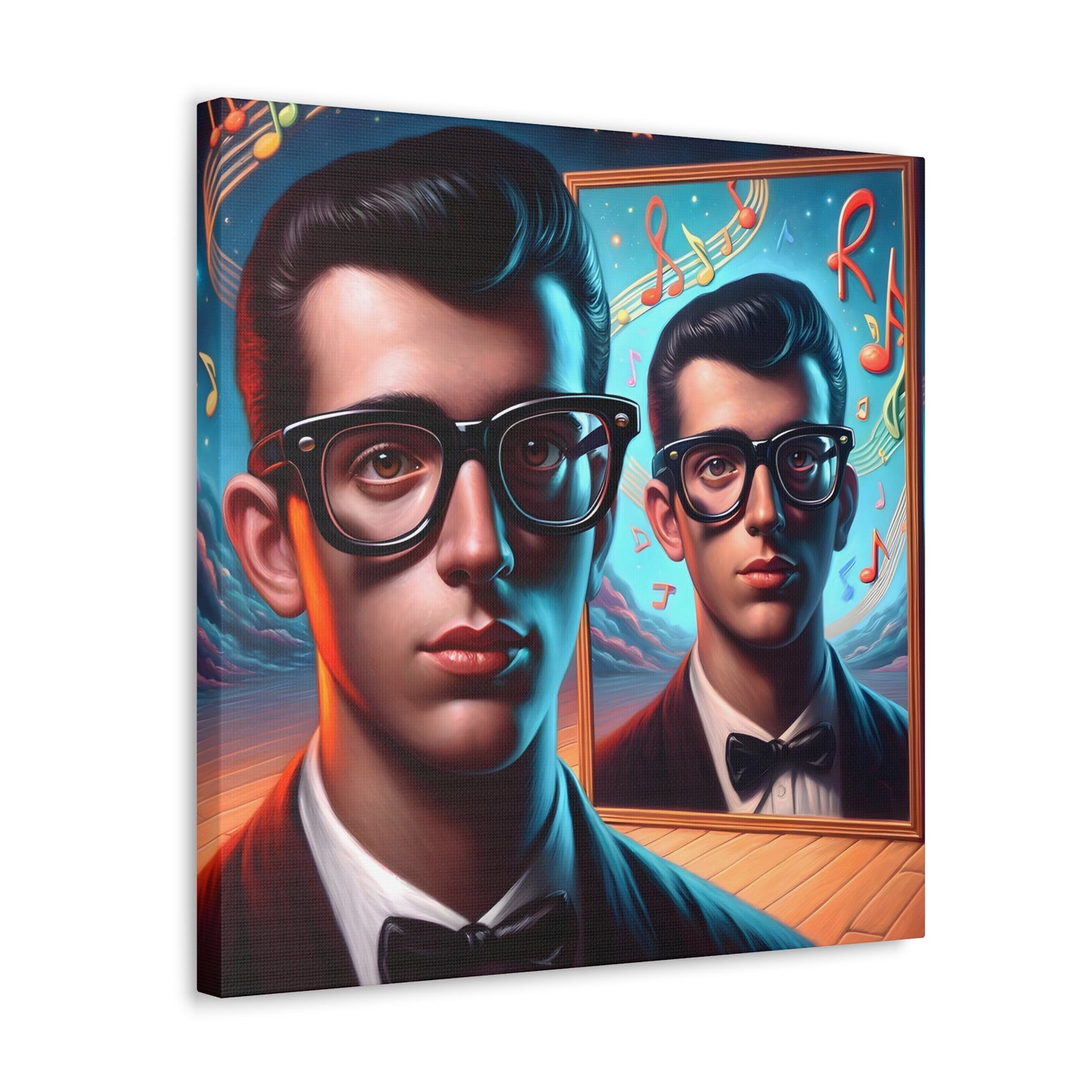 image 4 Vibrant retro-inspired artwork capturing the essence of the 1950s rock and roll era. Features a cool vintage figure with slick hair and thick-rimmed glasses, gazing into a mirror that reflects a dreamy, music-filled cosmos with musical notes and celestial bodies. Warm color palette with twilight blues, depicting an intimate yet imaginative scene reminiscent of vinyl and jukeboxes.