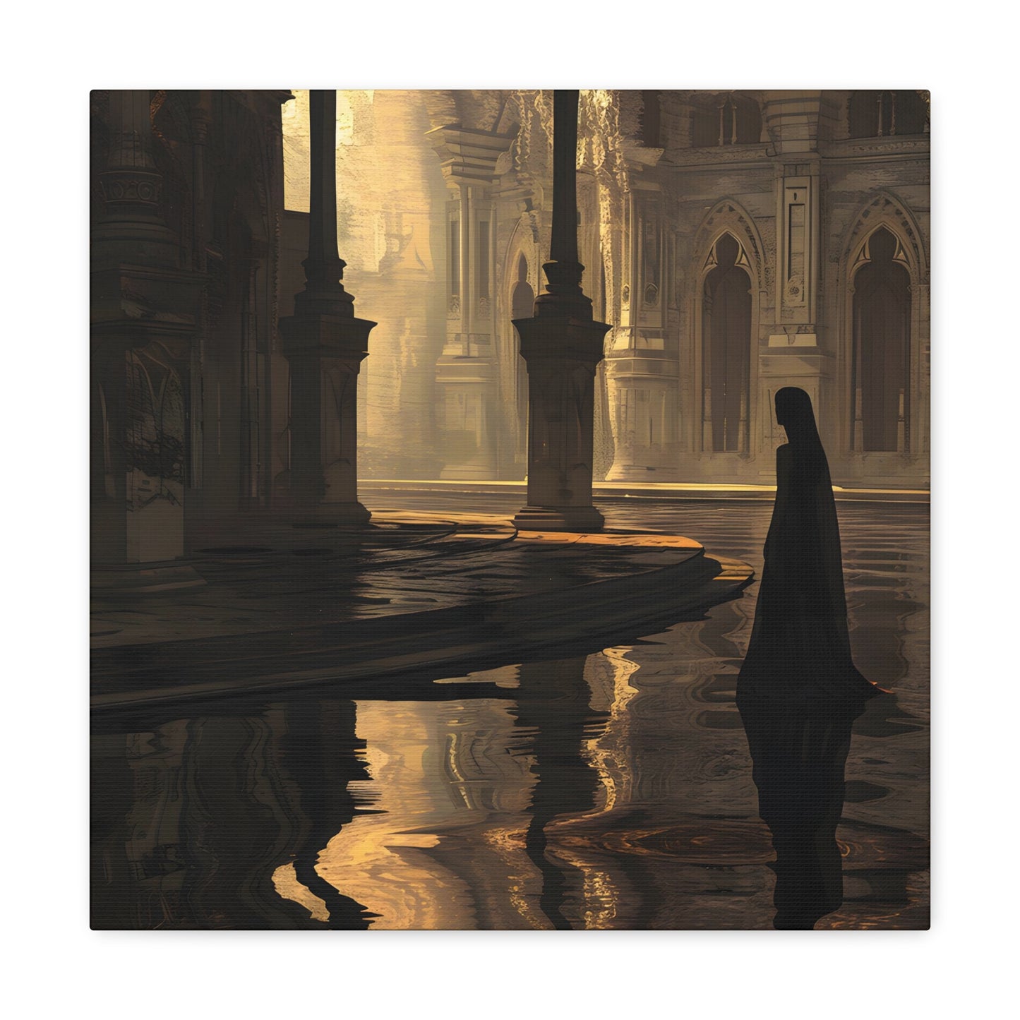 Artwork by Avery Pennington depicting a serene yet mystical scene of an ancient flooded cathedral under the golden hues of fading sunlight. A solitary figure cloaked in black stands amidst Gothic architecture, reflecting in the water alongside pillars and arches, creating a blend of reality and illusion. The divine light streaming through highlights the grandeur of the scene and casts an ethereal glow on the water, evoking a sense of solitude, introspection, and profound calm in a sacred, forgotten space.