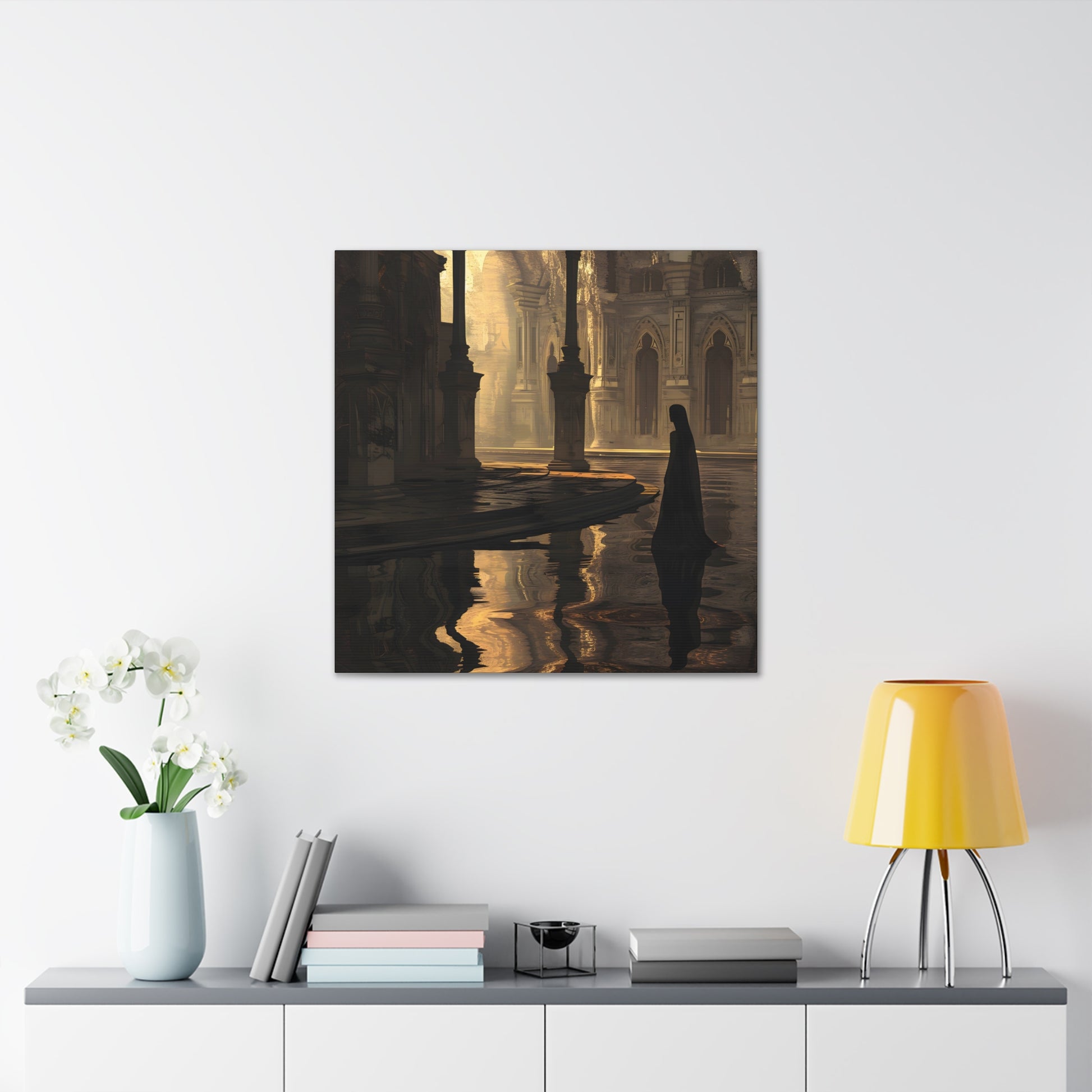 in situ Avery Pennington's artwork of a golden-lit, flooded cathedral with a solitary figure in black, blending Gothic architecture with reflections in water, evoking solitude and introspection