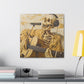 in situ with desk depicting a skeleton singing into a microphone, embodying music's redemptive power, inspired by 'American Pie' lyrics, with golden tones symbolizing music's sanctity