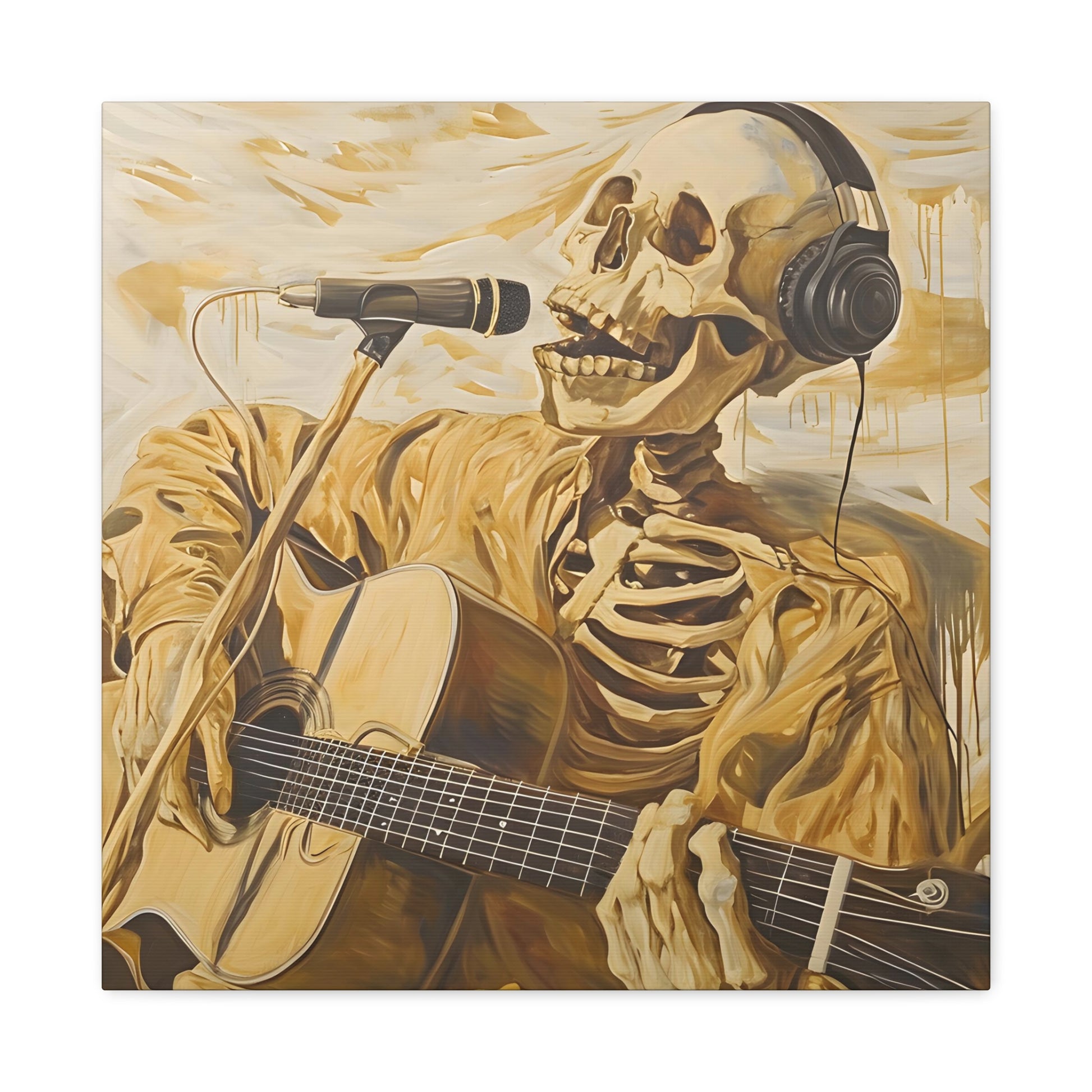 image 3 depicting a skeleton singing into a microphone, embodying music's redemptive power, inspired by 'American Pie' lyrics, with golden tones symbolizing music's sanctity