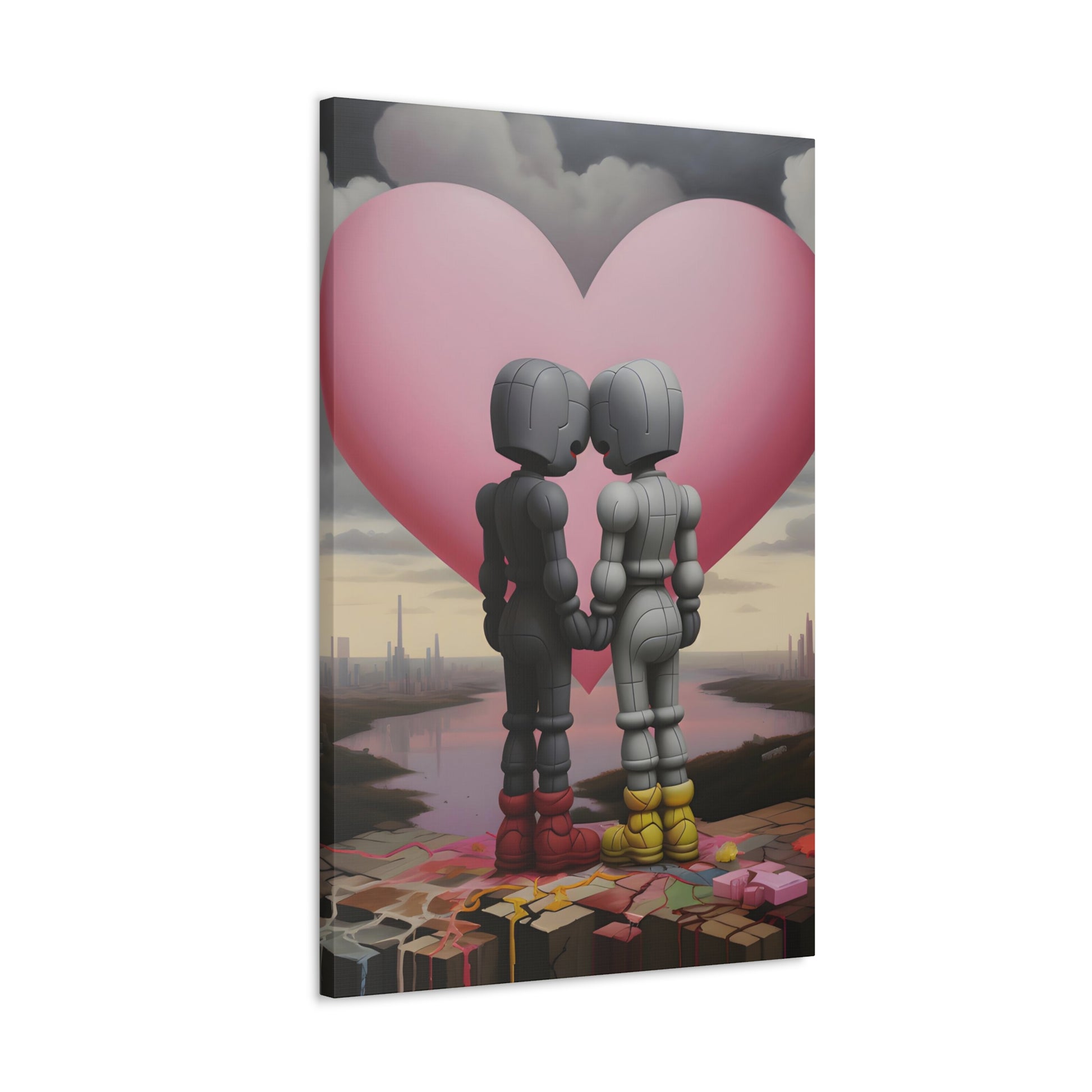 angled 3 Contemporary artwork by Archer Dent, reflecting on connection in a mechanized era, blending urban surrealism with a tender embrace against a stark cityscape, provoking thoughts on love amidst modernity.