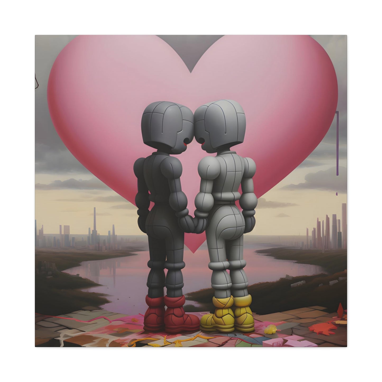 image 5 large. Contemporary artwork by Archer Dent, reflecting on connection in a mechanized era, blending urban surrealism with a tender embrace against a stark cityscape, provoking thoughts on love amidst modernity.