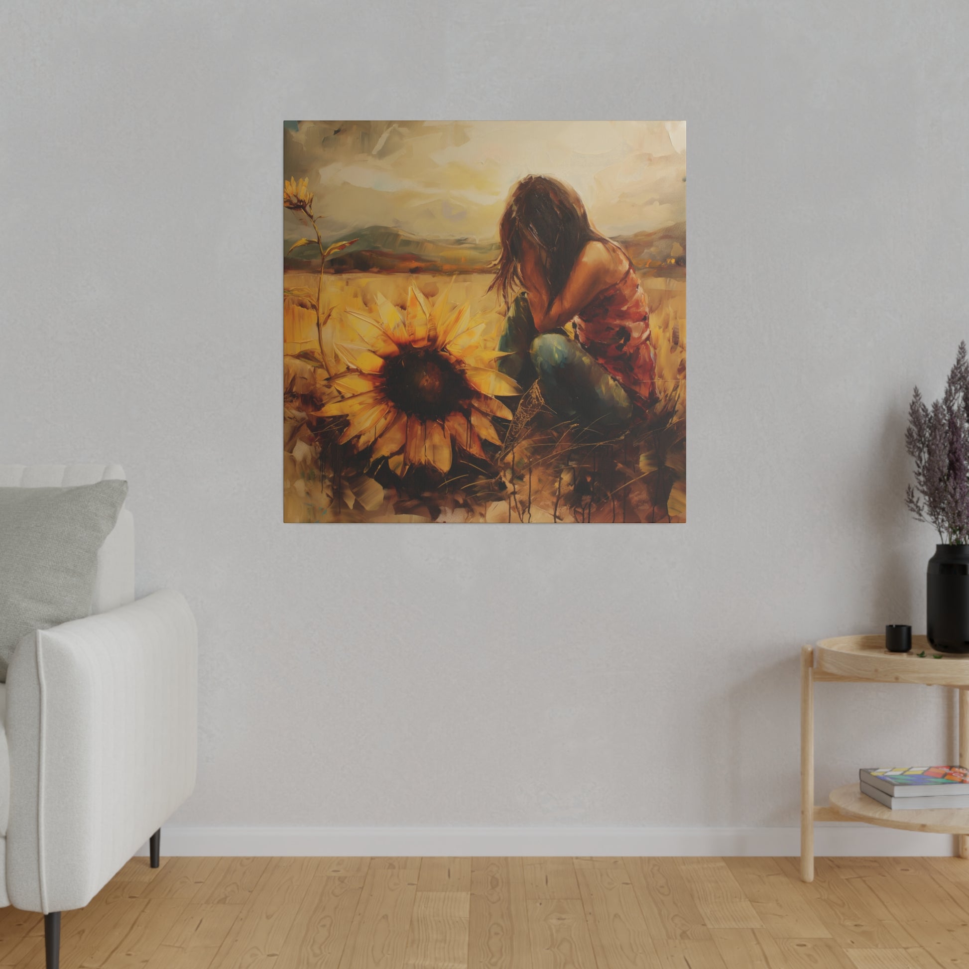 Sentence with replacement: Artwork emotively capturing the human experience of Elena Duval: Solace in Solitude, displayed on a living room wall. (Printify Exclusive Canvas Print)