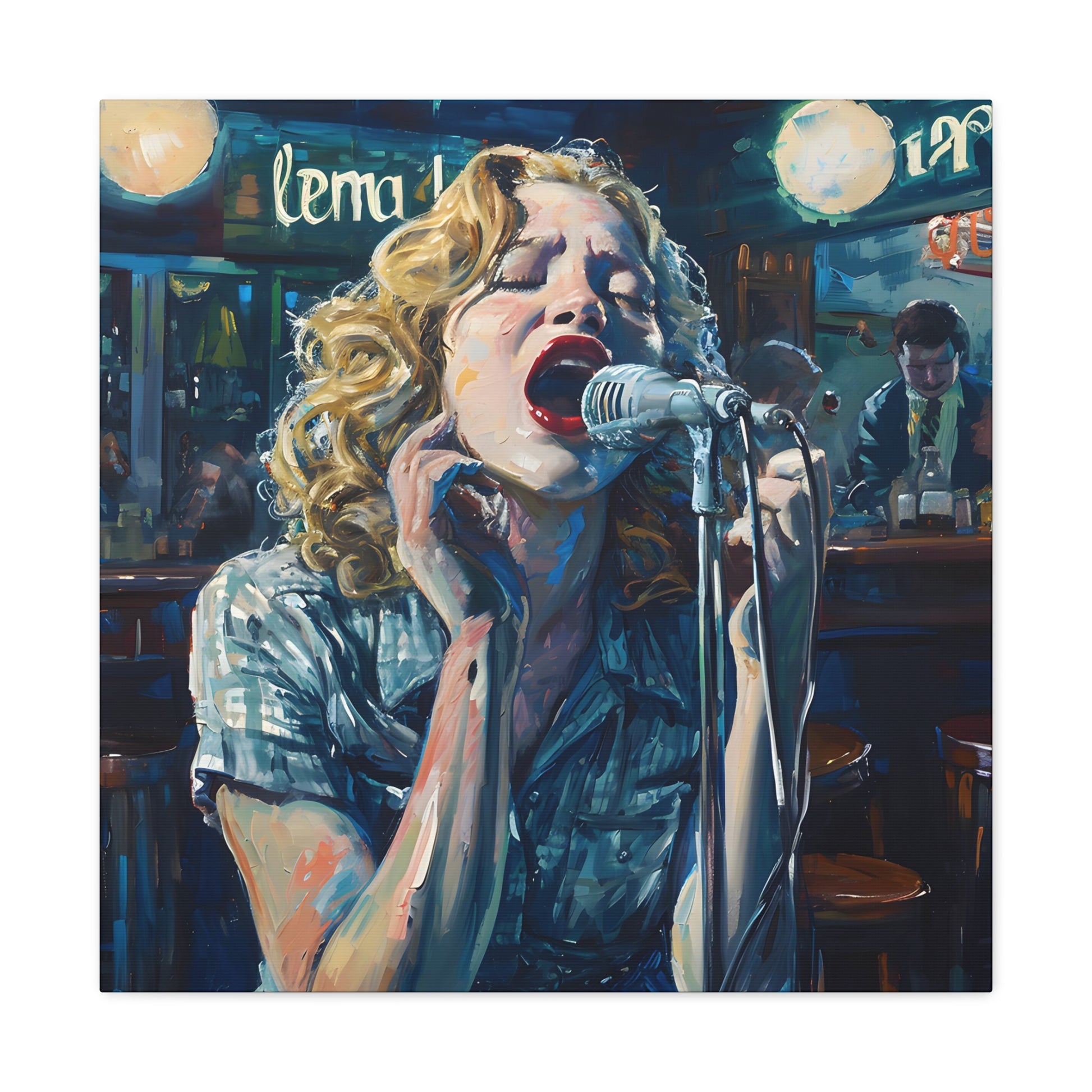 Artwork evoking 'American Pie' by Don McLean, with a singer's expressive performance reflecting the song's themes of innocence lost and enduring music, set in a moody, dimly lit bar ambiance.