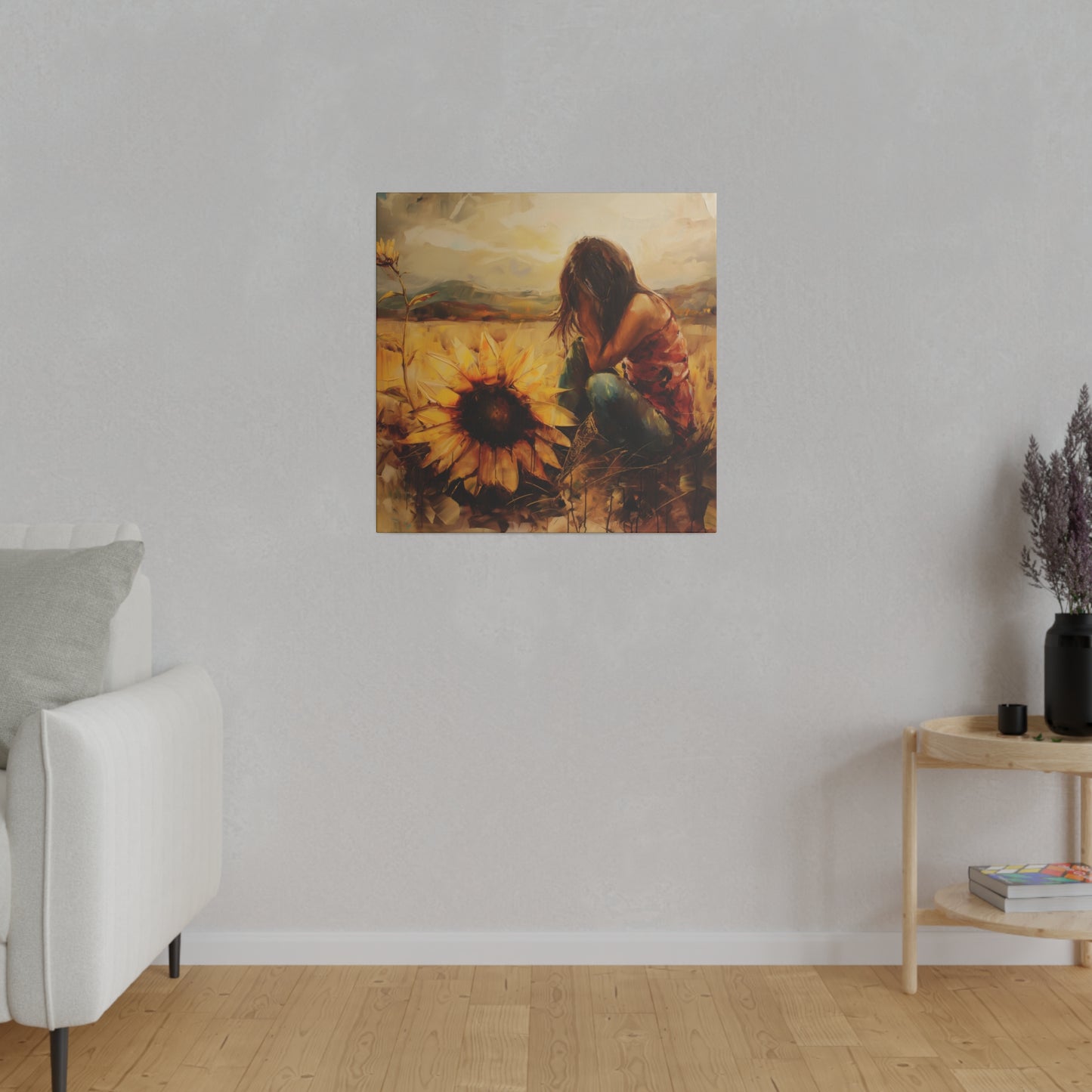 Painting of a person amidst sunflowers on a wall in a minimalist living room, capturing the human experience through emotive art by Elena Duval: Solace in Solitude. Exclusive Canvas Print from Printify.