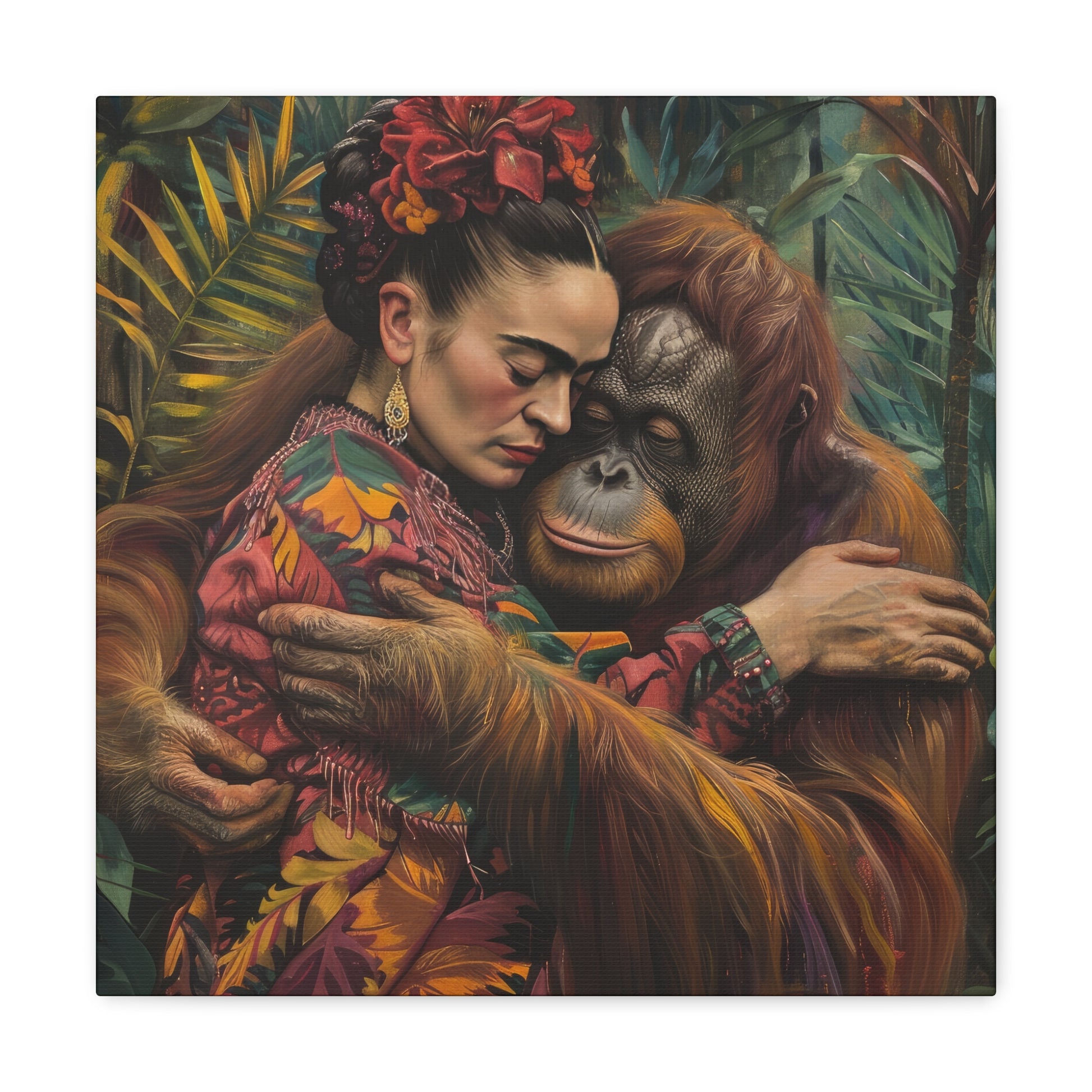 A David Miller-inspired painting of a woman embracing an orangutan amidst a tropical backdrop. Printify's Embrace of the Wild Exclusive Canvas Print.